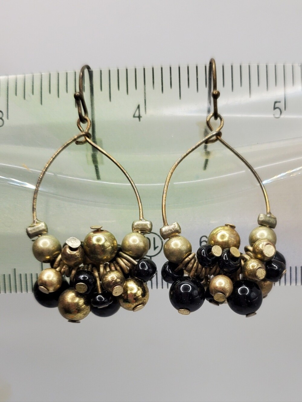 Vintage 70s Earrings Gold Black Beaded Cluster Drop Hoop